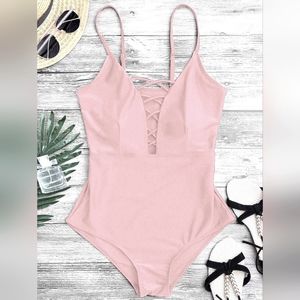 Shaping Criss-cross Plunge One-piece swimsuit- Pink XL